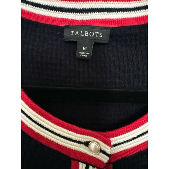 Talbots Navy Blue Cardigan Sweater M Textured Tipped Preppy Knit career casual - Picture 4 of 8